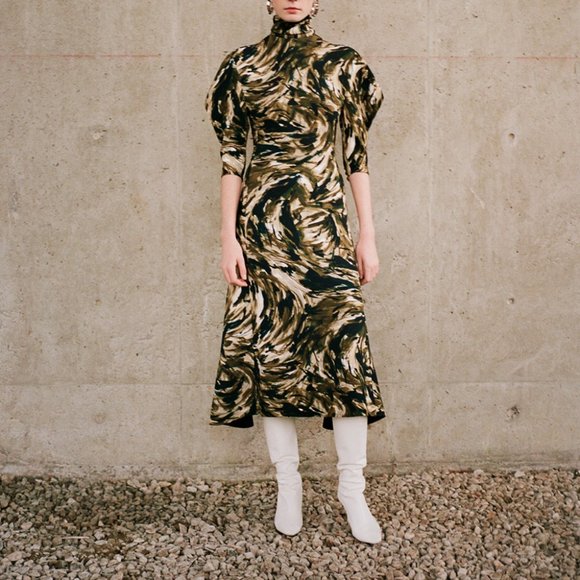 Proenza Schouler Feather Print Draped Sleeve Dress
